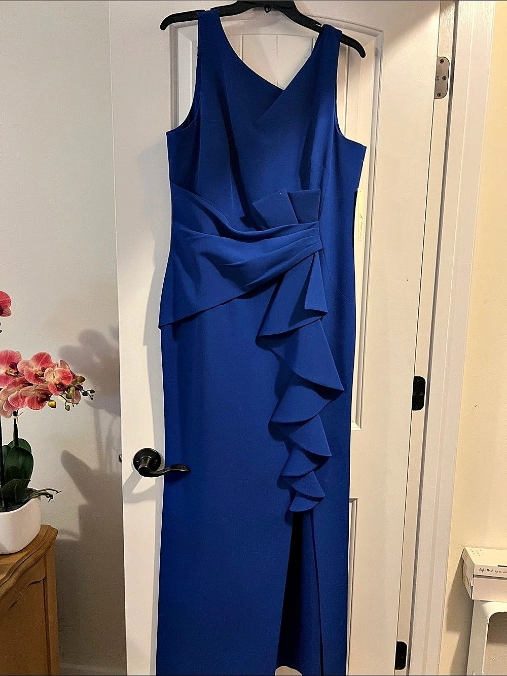 Eliza J Sleeveless Cascading-Ruffle Gown Blue Size 16 NWT